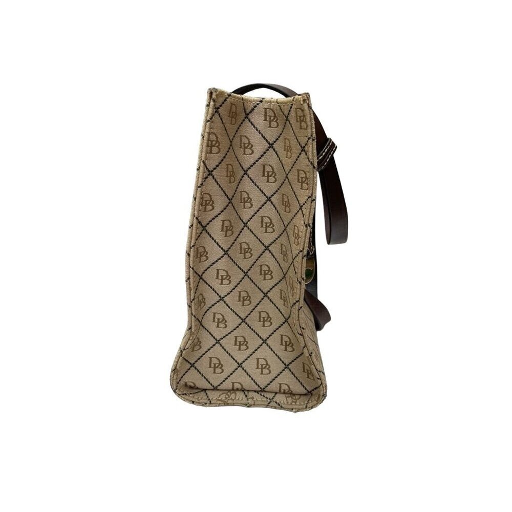 Numbered Dooney & Bourke Beige Logo Tote Bag With Brown Leather Straps and Trim - Picture 12 of 13